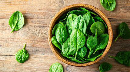 foods high in magnesium concept. Fresh Green Spinach Leaves in Wooden Bowl on Table