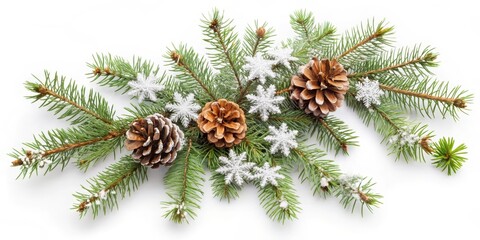 Winter fir branch with snowflakes and pinecones, isolated on white background , winter wonderland, white
