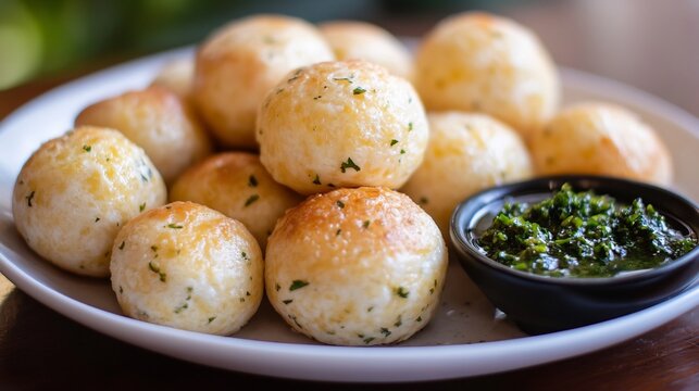 Plate of Brazilian po de queijo golden cheese bread rolls served a side of chimichurri sauce