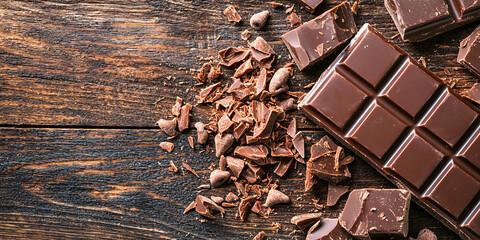 foods high in magnesium concept. Delicious Dark Chocolate on Rustic Wooden Table