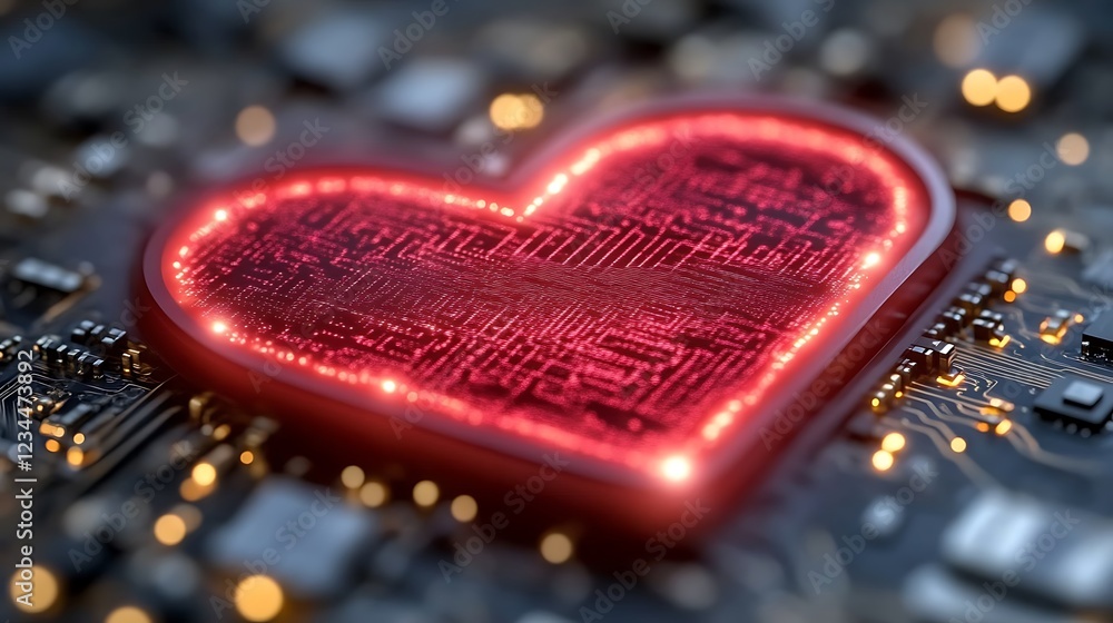 Poster digital love circuit board heart with red glow and bokeh effect on a tech base