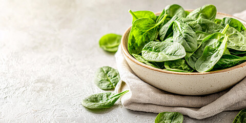 foods high in magnesium concept. Fresh Spinach Leaves in a Bowl on Table Surface