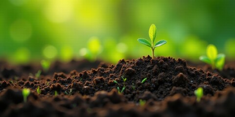 A single sprout emerges from rich soil, bathed in the warm glow of sunlight, symbolizing growth, new beginnings, and the promise of a vibrant future.