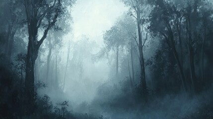 Naklejka premium Misty forest path, cool tones, mysterious background, ideal for fantasy or horror