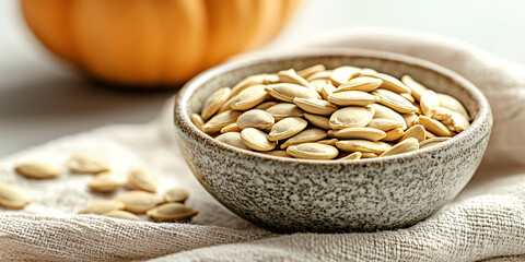 foods high in magnesium concept. Healthy Organic Pumpkin Seeds in Rustic Bowl