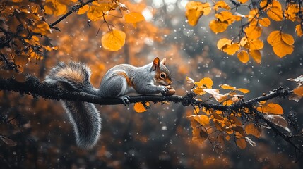 Squirrel Eating Nuts on Tree Branch Surrounded by Autumn Leaves