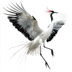 Obraz premium Elegant Japanese Crane in Flight with Stylish Feathers and Graceful Wings in a Serene White Background