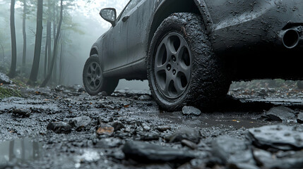 Muddy SUV on forest road, foggy background, adventure travel