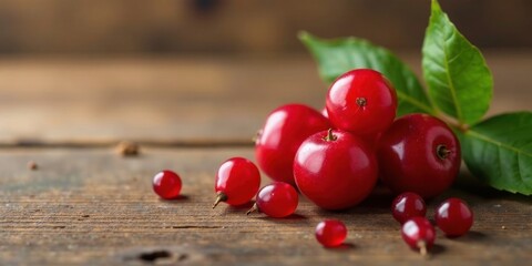 Vibrant Red Berries Gathered on Rustic Wooden Surface with Lush Green Foliage