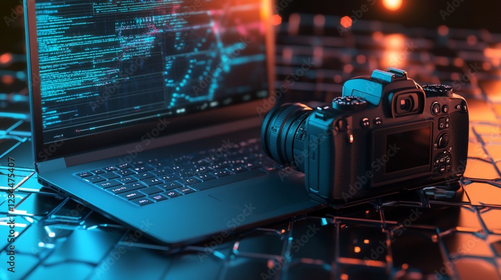 Aufkleber laptop displays digital code next to a black dslr camera on a patterned background