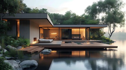 Fototapeta premium Modern minimalist house on lake with wooden deck, fireplace, and lush greenery at dusk.