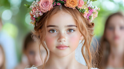 Naklejka premium Girl floral crown portrait, garden party background