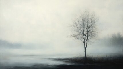 Obraz premium Solitary tree in foggy landscape, serene scene, nature background, ideal for meditation