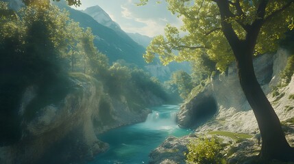 Fototapeta premium Serene River Flowing Through Rocky Gorge with Lush Greenery
