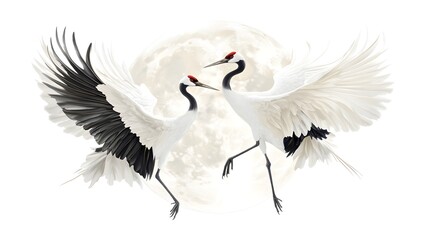 Obraz premium Pair of Cranes Flying Gracefully Under Full Moon for New Year