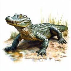Obraz premium Detailed Illustration of a Crocodile on Shore with Lush Green Grass and Water Background
