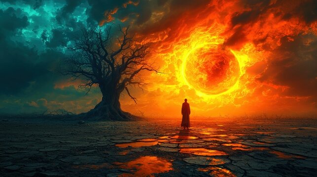 Lone figure, dead tree, fiery eclipse over cracked earth