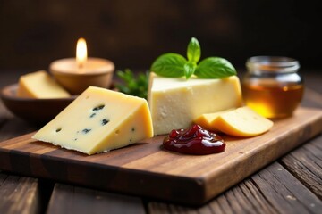 Aromatic Cheese Selection with Honey and Fruit Preserve on Rustic Wooden Board