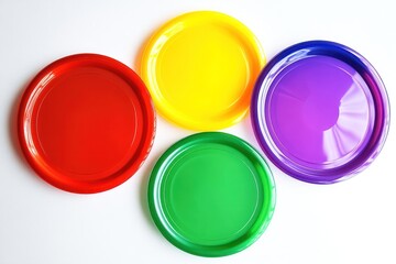 Colorful plastic plates on white background, party preparation