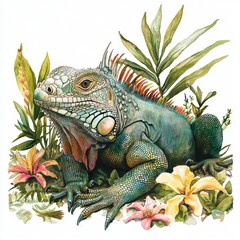 Obraz premium Detailed Illustration of a Colorful Iguana Among Tropical Plants and Flowers