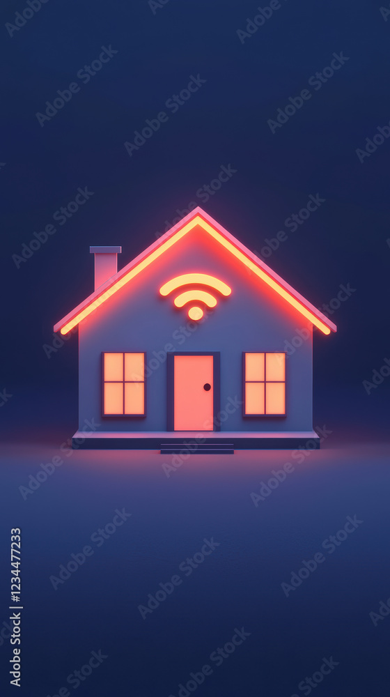 Poster conceptual image of secure wireless network symbolized by glowing house. design features modern aest