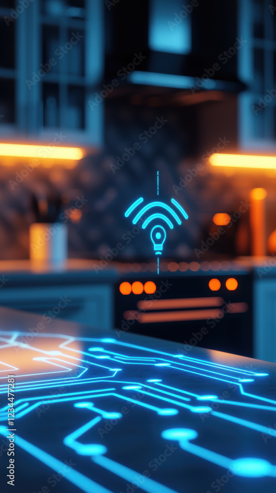 Aufkleber conceptual image of secure wireless network modern kitchen, featuring glowing blue circuit patterns 