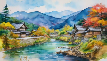 Fototapeta premium Discover the serene beauty of the Kiso Valley, a charming region where nature and history intertwine, and immerse yourself in the tranquility of this idyllic setting.