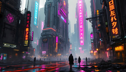 Obraz premium Cyberpunk City Street Art Neon Lights Digital Painting