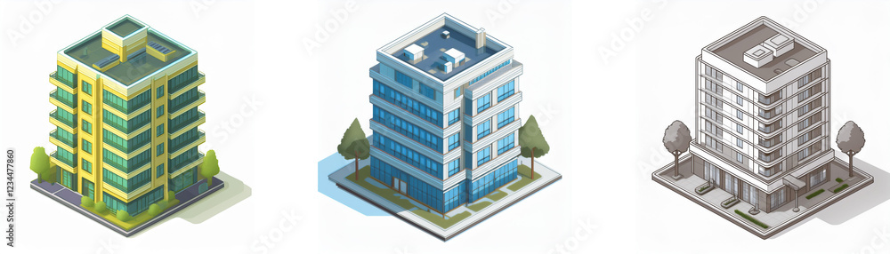 Poster isometric view of three multi-story buildings, showcasing architectural variations in design and col