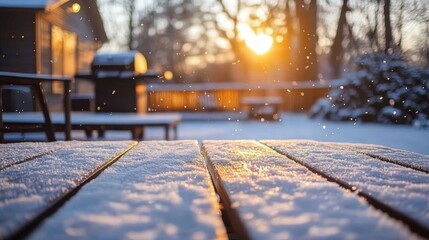 Snowy Backyard Scene at Sunrise with Glimmering Snowflakes Falling and Warm Glow of Sunlight over the Winter Landscape