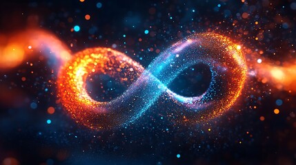Abstract digital background with colorful infinity symbol spiral dots and particles