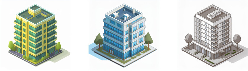 Isometric view of three multi-story buildings, showcasing architectural variations in design and color schemes, each situated within a small urban setting with trees.