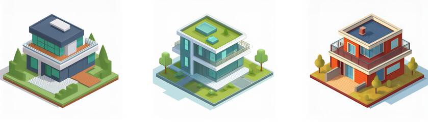Three isometric illustrations showcase modern house designs. Each features unique architectural styles, landscaping, and color palettes.
