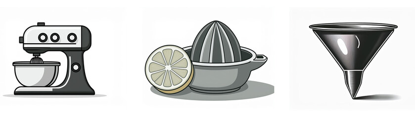 A set of kitchen utensil icons: stand mixer, citrus juicer, and funnel.  Simple, monochrome illustrations.