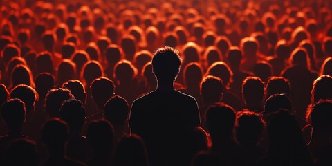 A glowing figure standing out in a dark crowd, symbolizing individuality or uniqueness. Great for leadership or creative themes.