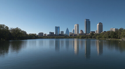 The evening blue sky acts as a backdrop for the remarkable skyline of Austin, filled with tall buildings and modern architecture, which is beautifully reflected in Lake Josephine, showing the alluring