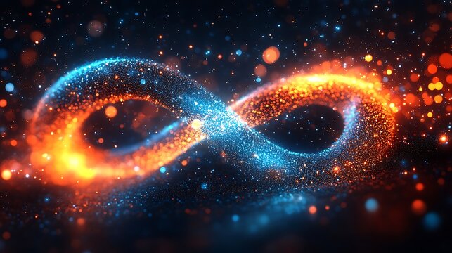 Abstract digital background with colorful infinity symbol spiral dots and particles - Powered by Adobe
