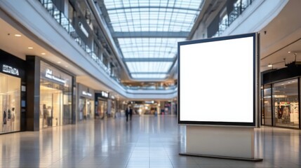 Blank Billboard Display in Modern Shopping Mall with High Ceilings and Natural Light Filtering Through Glass Roof