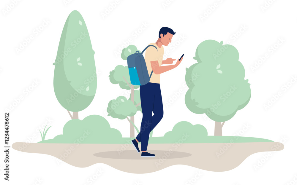 Poster man walking while using mobile phone - person in park or forest nature looking at screen using smart