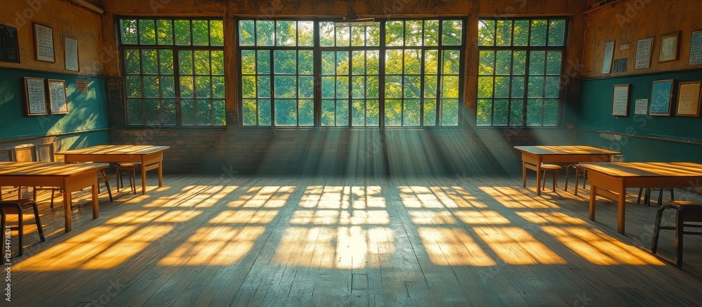 Poster sunbeams stream through large windows illuminating an empty classroom with wooden desks and chairs.