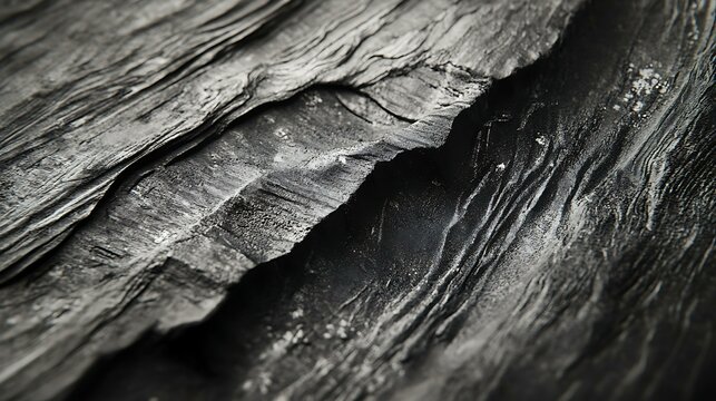 A detailed macro shot of an old wooden surface with naturally carved lines, knots, and rough textures, highlighting the organic flow of time-worn grain in black and white