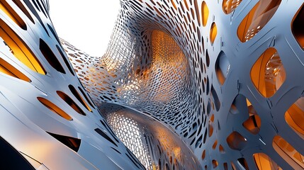 A close-up view of overlapping architectural structures, showcasing bold contrasts between smooth metallic surfaces and intricate lattice-like patterns in contemporary design