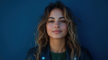 Fototapeta premium A young woman with long, wavy light brown hair stares directly at the camera against a deep blue background. She is wearing a black leather jacket.