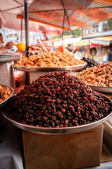 vertical raisins for sale in a street market in latin america - food concept