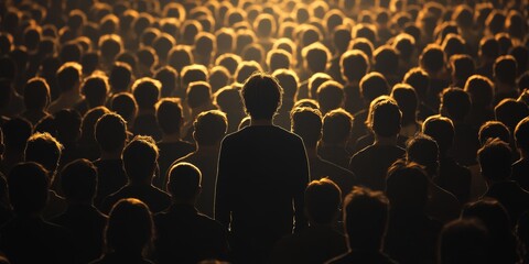 A glowing figure standing out in a dark crowd, symbolizing individuality or uniqueness. Great for leadership or creative themes.