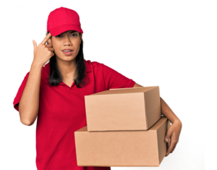 Young Filipina courier with two packages showing a disappointment gesture with forefinger.