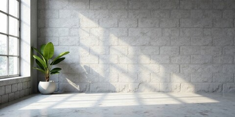 Sunlit Minimalist Interior Featuring a Potted Plant Against a Brick Wall