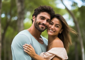Hispanic cute couple laughing hugging smile.
