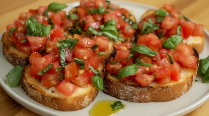 Plate of bruschetta topped diced tomatoes fresh basil and a drizzle of olive oil