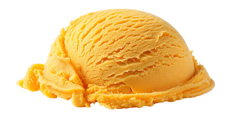 A perfectly round scoop of rich and creamy mango ice cream, showcasing a vibrant golden-yellow hue, isolated on a png background. The smooth texture with subtle ridges.